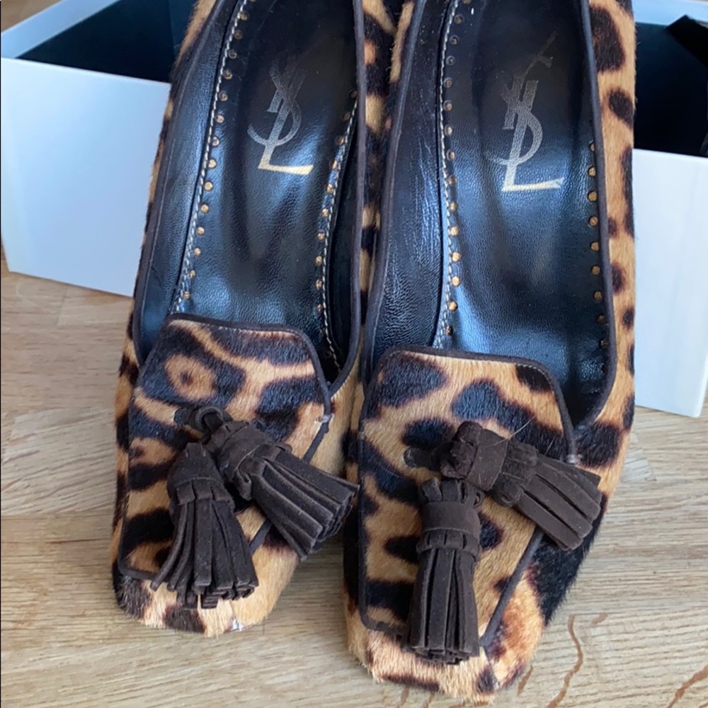 Calf hair leopard print loafer heels